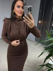 My 3587 Gold Kare Tokalı Kahve Kalem Elbise