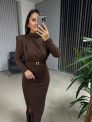 My 3587 Gold Kare Tokalı Kahve Kalem Elbise