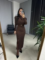 My 3587 Gold Kare Tokalı Kahve Kalem Elbise