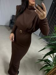 My 3587 Gold Kare Tokalı Kahve Kalem Elbise