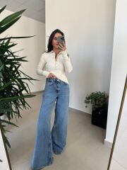 Spt 827 Mavi Yüksek Bel  Baggy Jean Pantolon