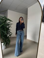 Spt 827 Mavi Yüksek Bel  Baggy Jean Pantolon