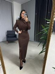 My 3587 Gold Kare Tokalı Kahve Kalem Elbise