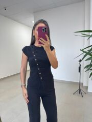 Po 2745 Elit İplik Çapraz Düğmeli T Kol Siyah Triko