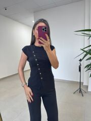 Po 2745 Elit İplik Çapraz Düğmeli T Kol Siyah Triko