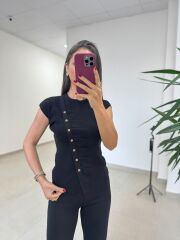Po 2745 Elit İplik Çapraz Düğmeli T Kol Siyah Triko