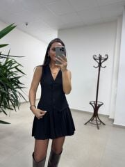 Bh Zr 0140 Pile Detaylı Yelek Görünümlü Siyah Elbise