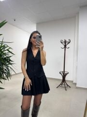 Bh Zr 0140 Pile Detaylı Yelek Görünümlü Siyah Elbise