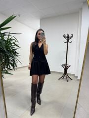 Bh Zr 0140 Pile Detaylı Yelek Görünümlü Siyah Elbise