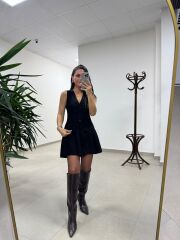 Bh Zr 0140 Pile Detaylı Yelek Görünümlü Siyah Elbise