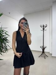 Zr 0140 Pile Detaylı Yelek Görünümlü Siyah Elbise