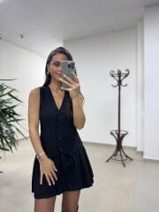 Bh Zr 0140 Pile Detaylı Yelek Görünümlü Siyah Elbise