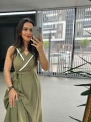 Ms Keten Beyaz Biye Geçişli Haki Elbise