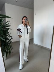 Ms 00064 Ekru-Bordo Şerit Geçişli Fermuarlı Modal Takım