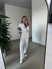 Ms 00064 Ekru-Bordo Şerit Geçişli Fermuarlı Modal Takım