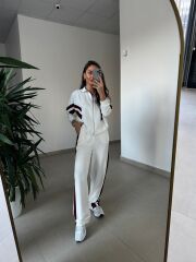 Ms 00064 Ekru-Bordo Şerit Geçişli Fermuarlı Modal Takım