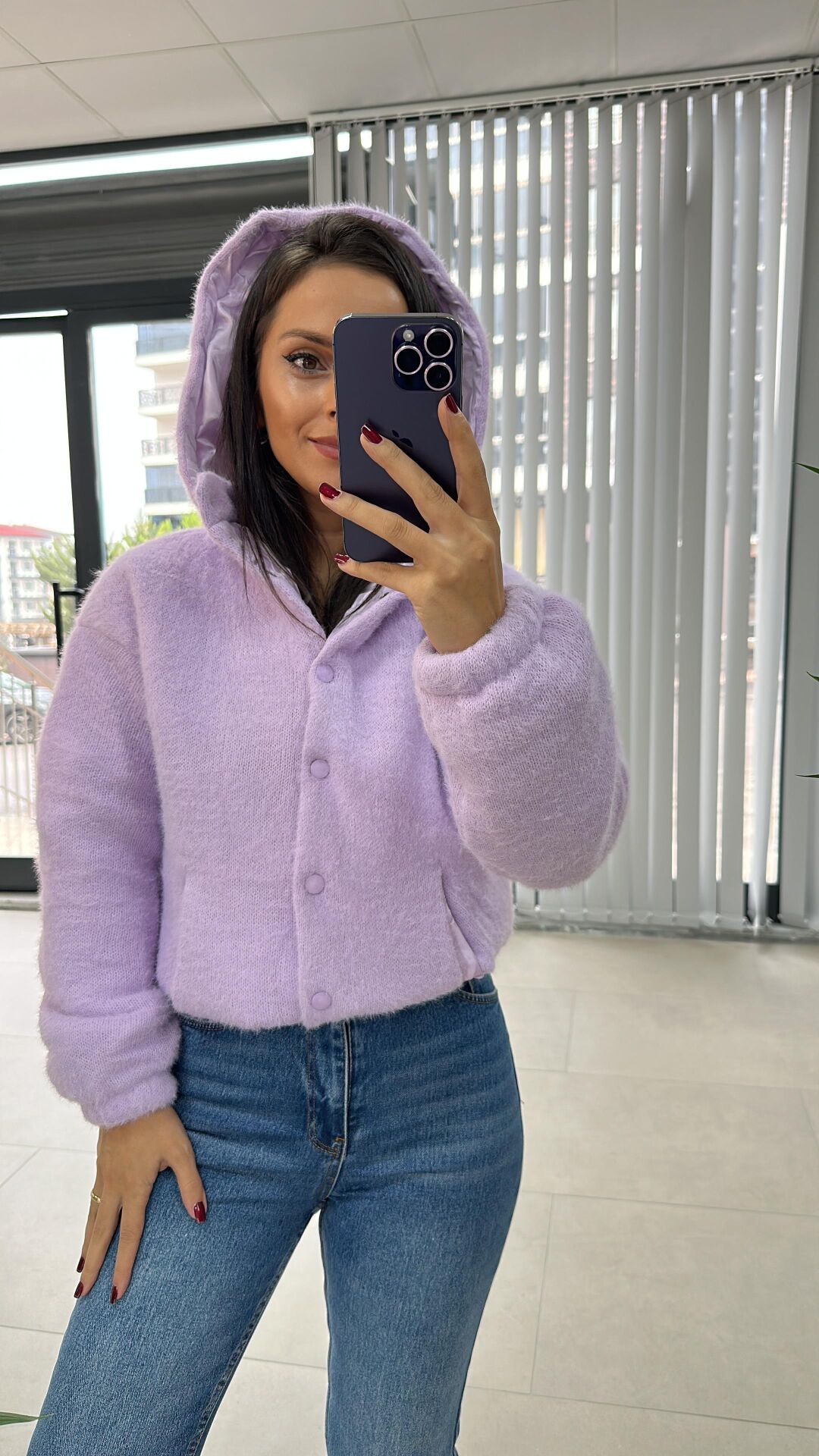 Yumoş Lila Kapüşonlu Mont