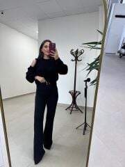 Po 2690 Omuz Pencere Detaylı İncili Siyah Kazak