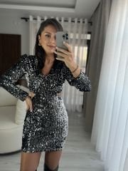 My 3339 Gümüş Payetli Bel Dekolteli Elbise