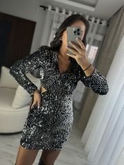 My 3339 Gümüş Payetli Bel Dekolteli Elbise