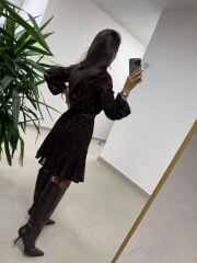 Mc 5586 A.Kahve Floklu Kruvaze Elbise