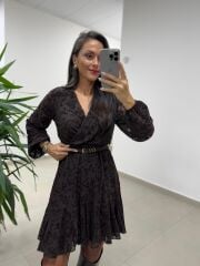 Mc 5586 A.Kahve Floklu Kruvaze Elbise