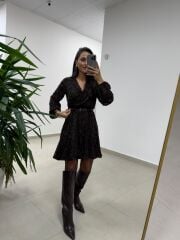 Mc 5586 A.Kahve Floklu Kruvaze Elbise