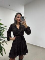 Mc 5586 A.Kahve Floklu Kruvaze Elbise