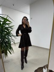 Mc 5586 A.Kahve Floklu Kruvaze Elbise