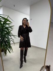 Mc 5586 A.Kahve Floklu Kruvaze Elbise