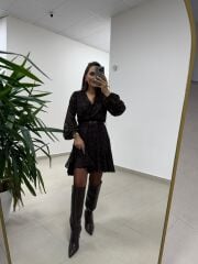 Mc 5586 A.Kahve Floklu Kruvaze Elbise