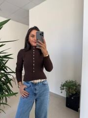 Dv 10686 Dik Yaka Çıt Çıtlı Kahve Triko