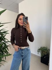 Dv 10686 Dik Yaka Çıt Çıtlı Kahve Triko