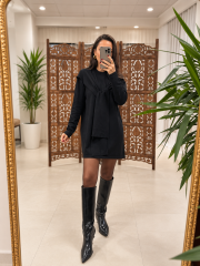 Fz 25535 Kendinden Atkı Model Siyah Triko Elbise