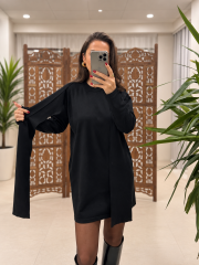 Fz 25535 Kendinden Atkı Model Siyah Triko Elbise