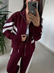 Ms 00064 Bordo-Beyaz Şerit Geçişli Fermuarlı Modal Takım