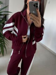 Ms 00064 Bordo-Beyaz Şerit Geçişli Fermuarlı Modal Takım