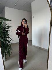 Ms 00064 Bordo-Beyaz Şerit Geçişli Fermuarlı Modal Takım