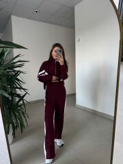 Ms 00064 Bordo-Beyaz Şerit Geçişli Fermuarlı Modal Takım