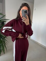 Ms 00064 Bordo-Beyaz Şerit Geçişli Fermuarlı Modal Takım