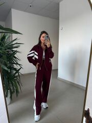 Ms 00064 Bordo-Beyaz Şerit Geçişli Fermuarlı Modal Takım