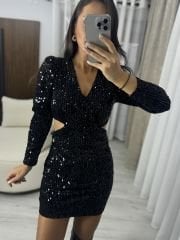My 3339 Siyah Payetli Bel Dekolteli Elbise