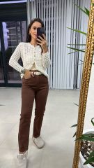 Krem Gold Düğmeli Ajurlu Hırka