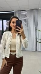 Krem Gold Düğmeli Ajurlu Hırka