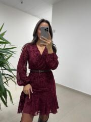 Mc 5586 Bordo Floklu Kruvaze Elbise