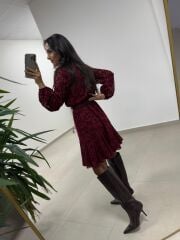 Mc 5586 Bordo Floklu Kruvaze Elbise