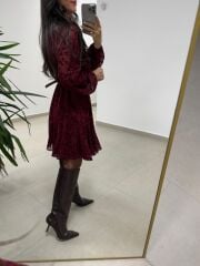 Mc 5586 Bordo Floklu Kruvaze Elbise