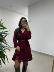 Mc 5586 Bordo Floklu Kruvaze Elbise