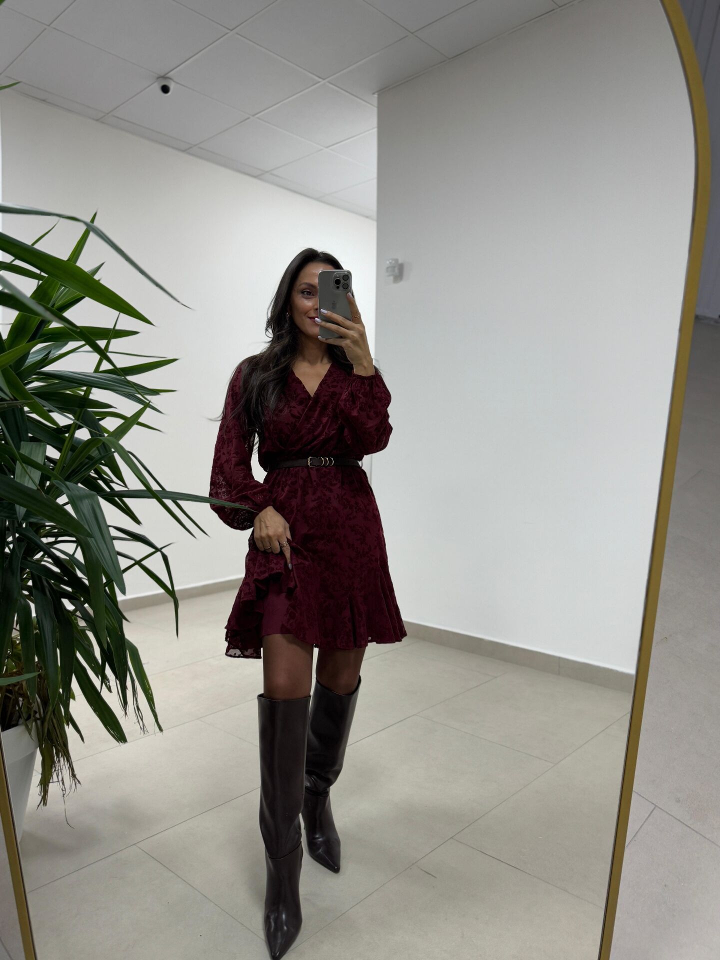 Mc 5586 Bordo Floklu Kruvaze Elbise