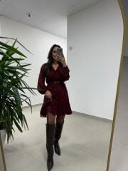 Mc 5586 Bordo Floklu Kruvaze Elbise